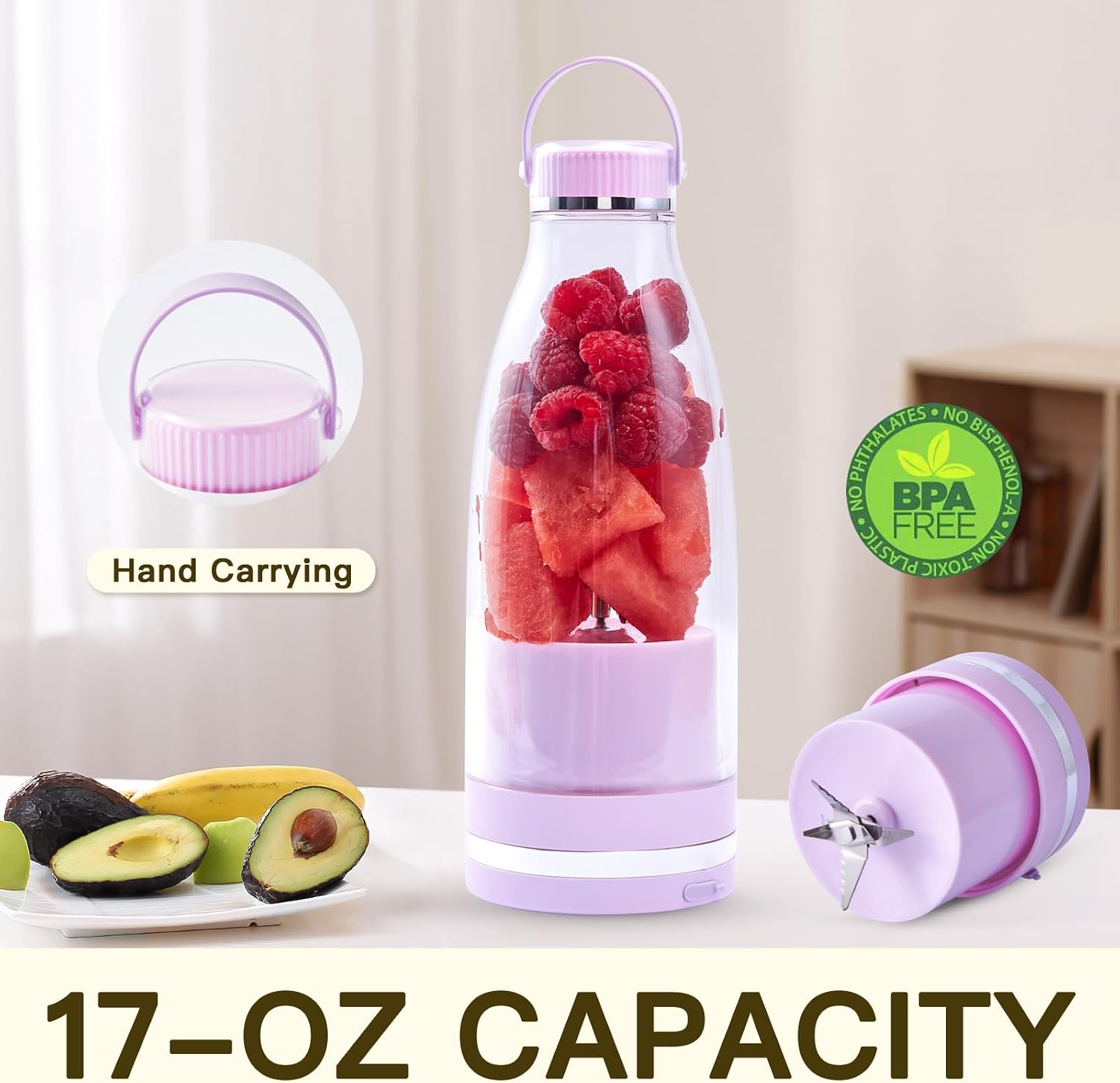 Smoothie Blender Personal Size Juicer 17oz Big Capacity USB-C Rechargeable (Dark Green)