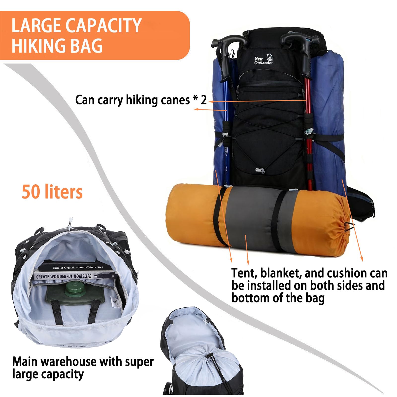 Zaino da trekking da 50 l, impermeabile e leggero, per escursioni e campeggio, adatto per uomini e donne.