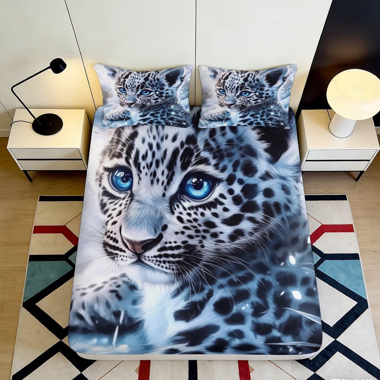 3D Printed Leopard Fitted Sheet Microfiber Deep Pocket Non-Slip Bedroom Bedding Leopard Mattress Fitted Cover Washable 200x200x25cm