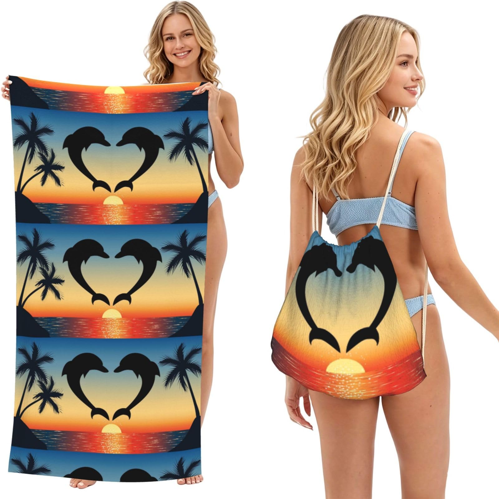 Poadnly As Picture Two Dolphins Jumping Shaped Heart, 2 In 1 Packable Towel Bag, Beach Towels With Drawstring Backpack For Travel Holiday Camping