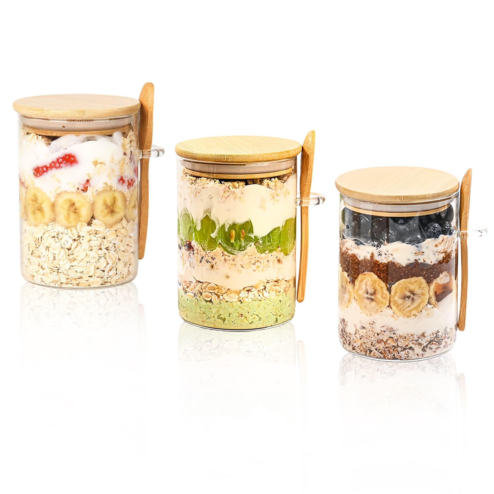 Weeloo Transparent Overnight Oats Jar, 3Pcs Overnight Oat Containers With Lids And Spoons, Glass Kitchen Food Storage Jars For Overnight Oat Pudding Coffee Tea Sugar Bath Salts Spice
