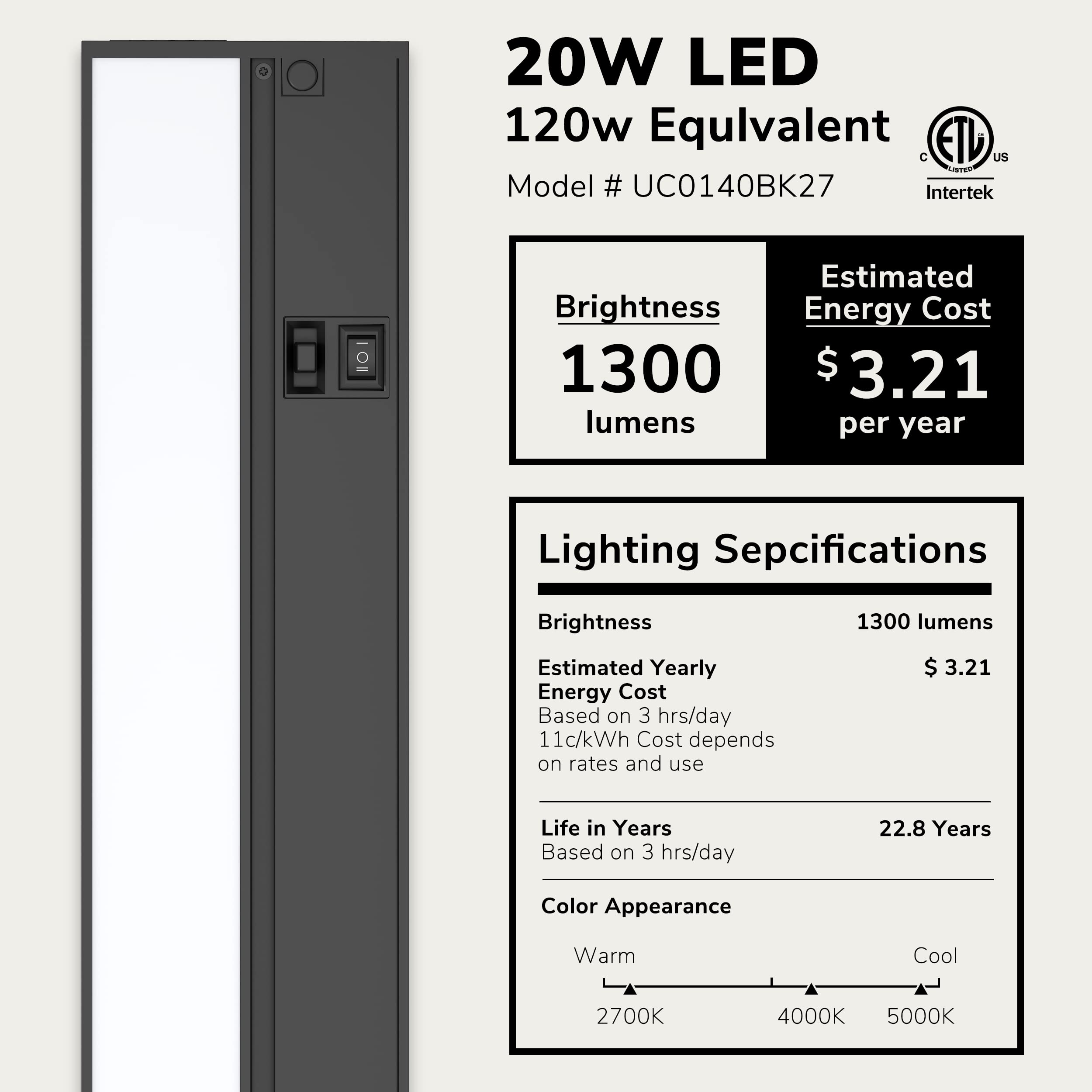 LAGOM 40'' Direct Wire Dimmable LED Under Cabinet Lights, Selectable 2700K/4000K/5000K, Selectable Brightness, Black Finish, UC0140BK27