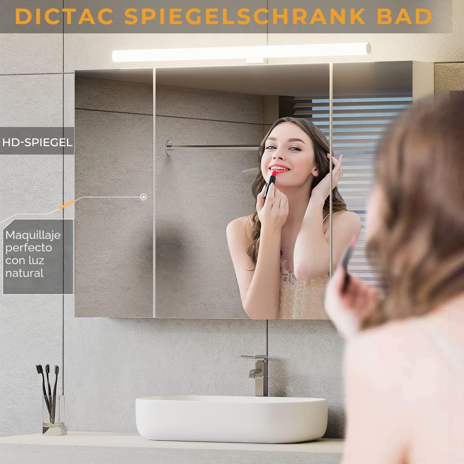 DICTAC Armario con Espejo baño con iluminación LED,Enchufe para máquina de Afeitar 90x60x16cm Armario de Pared con 3 Puertas y Estantes Ajustable con Mucho Espacio de Almacenamiento,Blanco