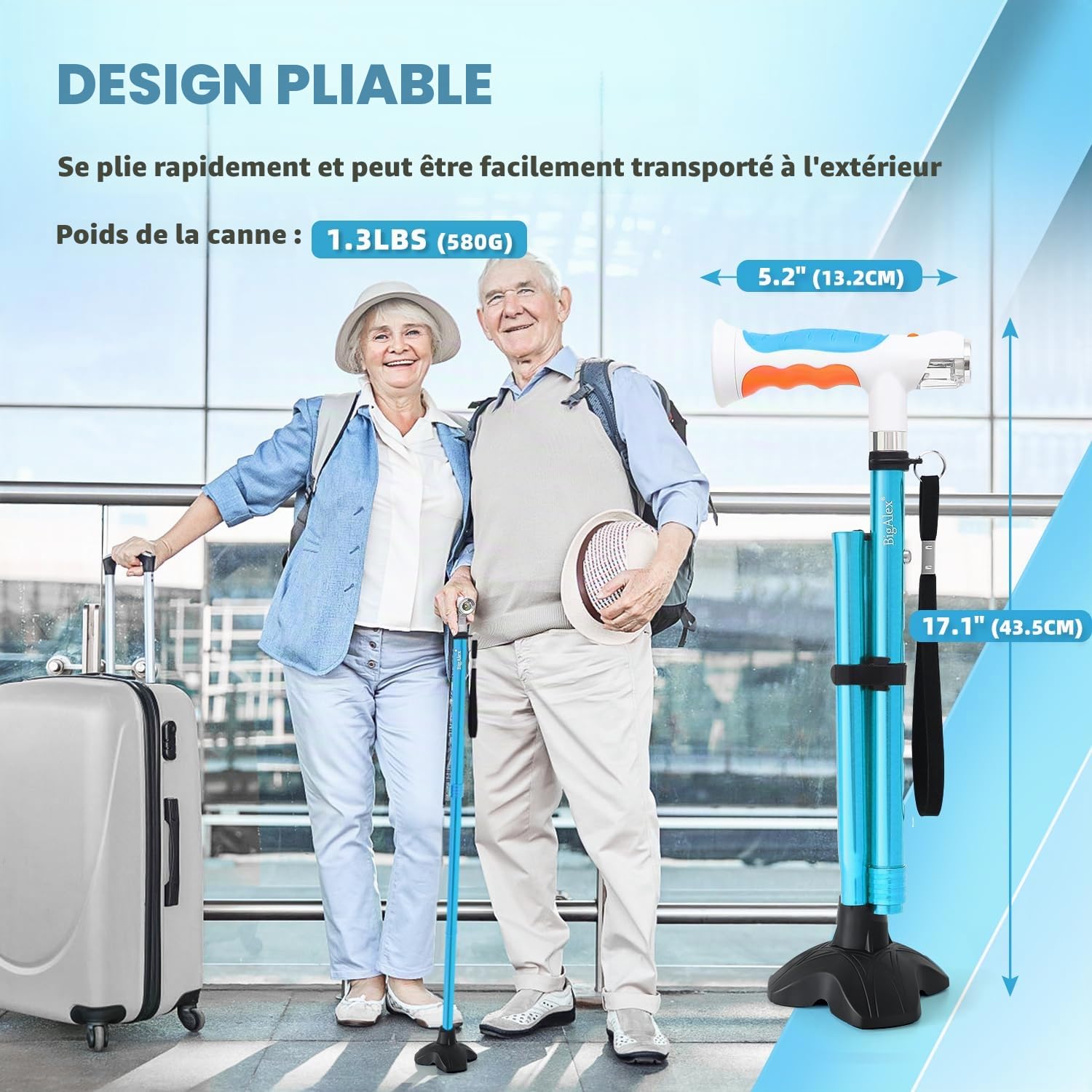 BigAlex Canne de Marche Double Lumière pour Dames et Messieurs - Pliable, Réglable en Hauteur, Quadruple Base Antidérapante, Éclairage LED Intégré, Cannes de Marche pour Les Hommes et Les Femmes