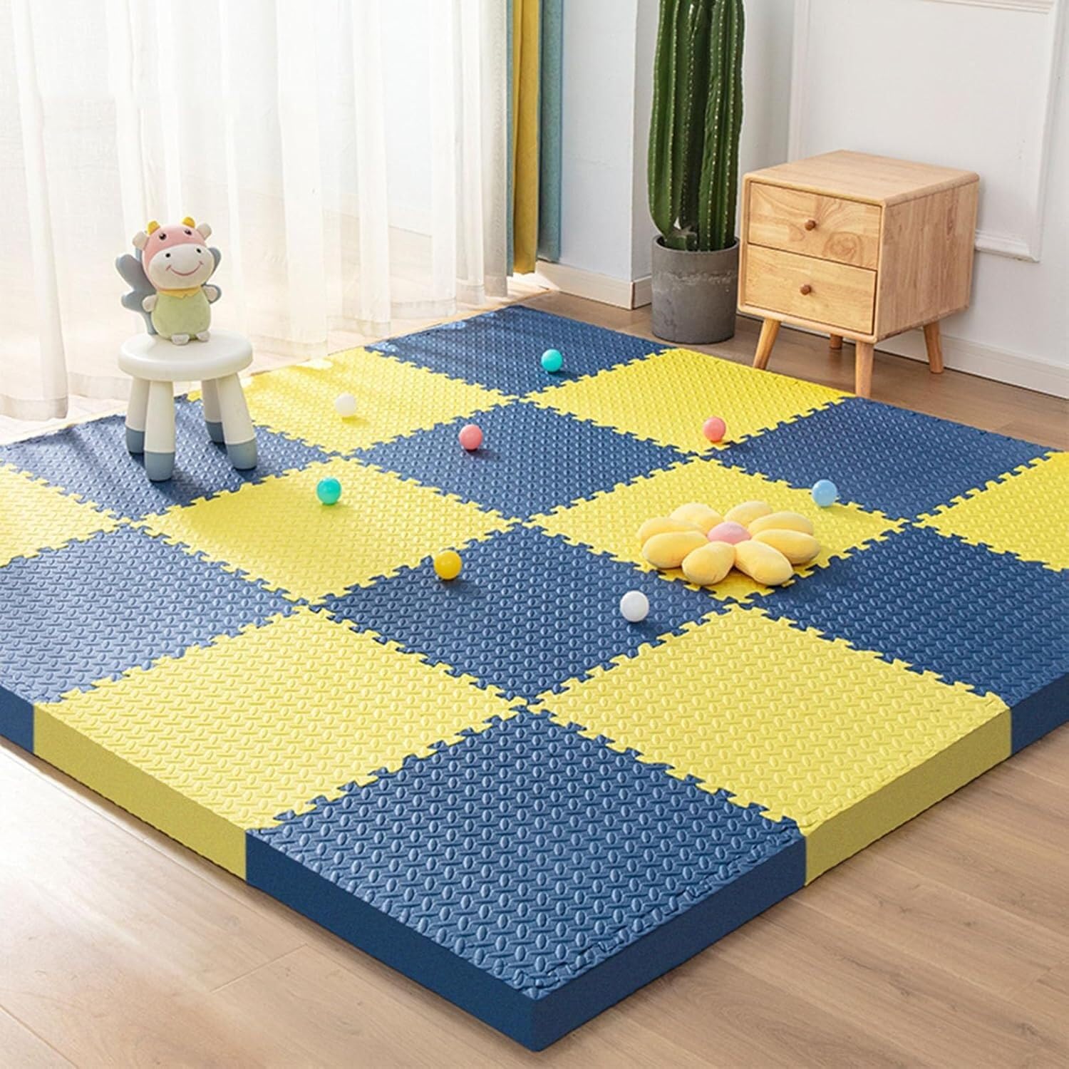 Losas de suelo de espuma suave extragrande JvFbjLF azul y amarillo de 1x1 pie