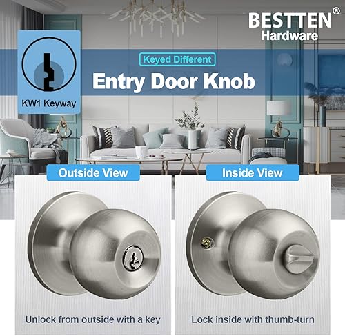 Vista 19 de BESTTEN Pomo para puerta de entrada con llave con cerradura, cerradura de puerta interior y exterior, bola estándar, níquel satinado