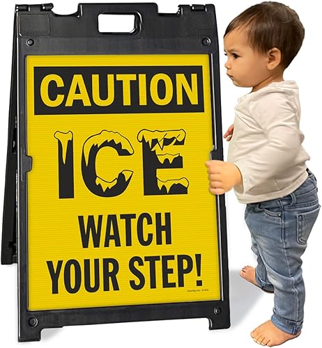 Miniatura 3 de SmartSign Kit de letreros de doble cara BabyBoss con marco en A de 24 x 18 pulgadas, con texto en inglés "Caution - Ice, Watch Your Step", plástico,