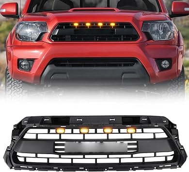 Front Bumper Air Grille W/LED Lights Fit For 2012-2015 Toyota Tacoma Pickup | Front Upper Radiator Grille With 4Pcs LED Lights, With Letters, Direct replacement, Without Any Modification