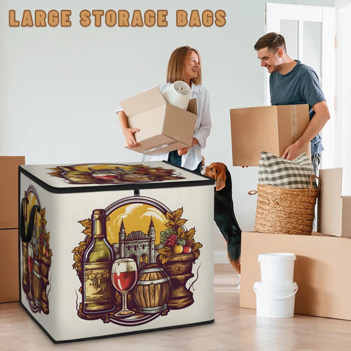 Honeybaby 214L Extra Large Comforter Storage Bag Grapes Wine Vintage Storage Totes with Lids Waterproof Closet Organizer Folding Blanket Storage Bags for Clothes Bedding Pillows