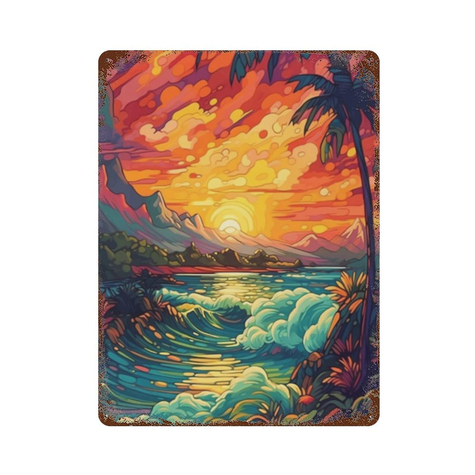 Tropical Sunset Ocean Waves Retro Metal Sign 15.7"x11.8", Old School Wall Decor for Garage, Bar And Workshop Decor