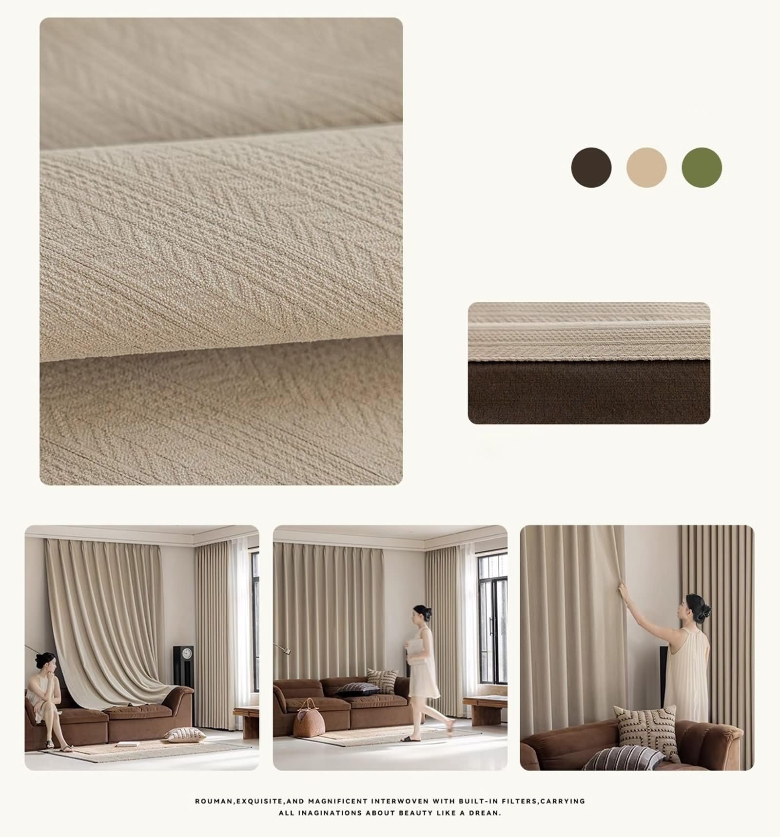 Tende Finestra Oscuranti, 102x214cm Tinta unita Tenda oscurante per l'oscuramento della stanza, Pleat Hook, Beige