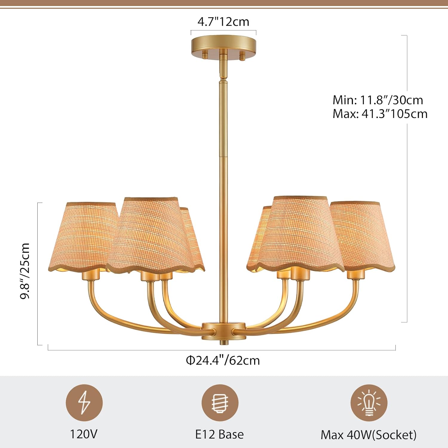 Boho Rattan Chandelier with Fabric Shade 24.4 Inch Gold Chandelier 6-Light Dining Room Light Fixture Modern Chandelier Lighting for Kitchen Island Living Room Entryway, Ceiling Hanging Pendant
