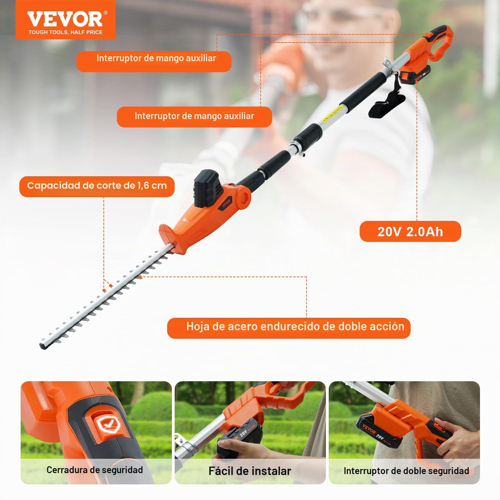 VEVOR Cortasetos a Batería 20 V Cortasetos Inalámbrico Cuchilla de Acero de Doble Filo 45,7 cm Mástil Telescópico 188-239 cm Cortasetos Eléctrico con Cargador Rápido para Plantas Altas