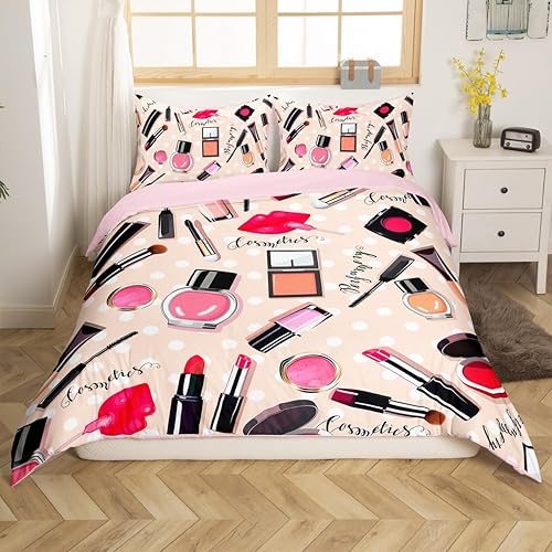 Miniatura 3 de Erosebridal Juego de ropa de cama de moda con temática cosmética de maquillaje, funda de edredón moderna de microfibra suave para decoración del