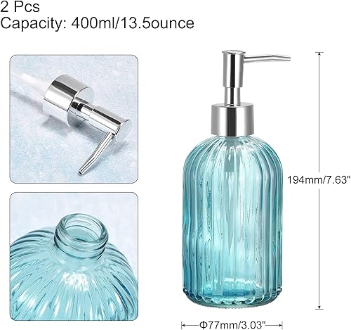 Miniatura 2 de uxcell Juego de 2 dispensadores de jabón, dispensador de jabón de manos de vidrio de 13.5 onzas con bomba plateada para cocina, baño, color azul