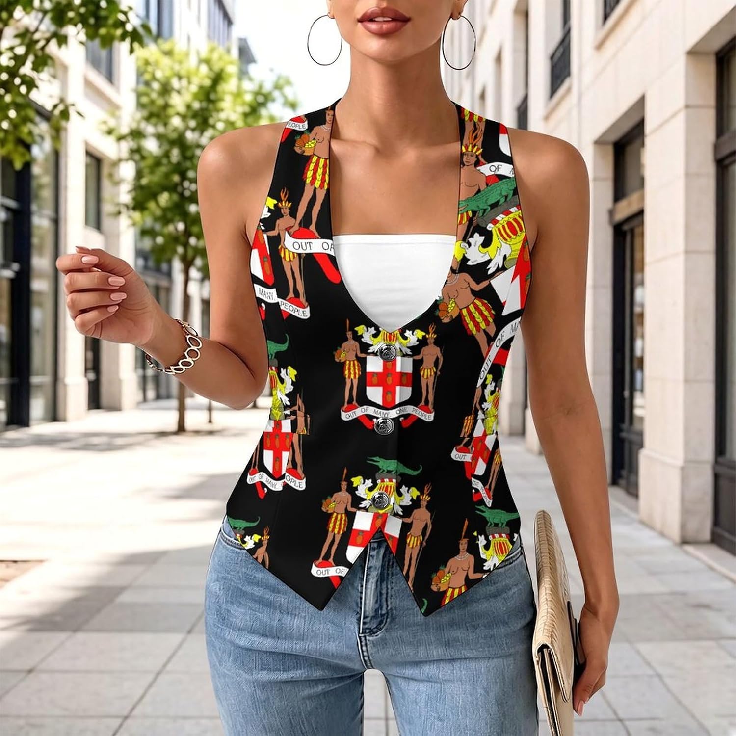 Coat Arms of Jamaica Women's Suit Vest V Neck Button Down Waistcoat Jacket Business Casual Tops