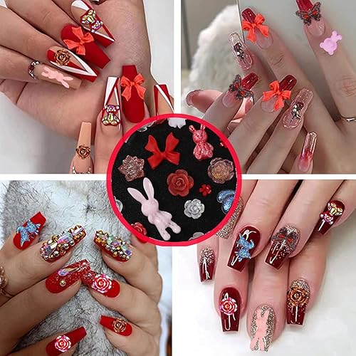 Miniatura 3 de 110 dijes para uñas 3D, dijes de resina con diseño de oso de mariposa, lazo de flor de rosa, conejo, perlas de diamantes de imitación para arte de
