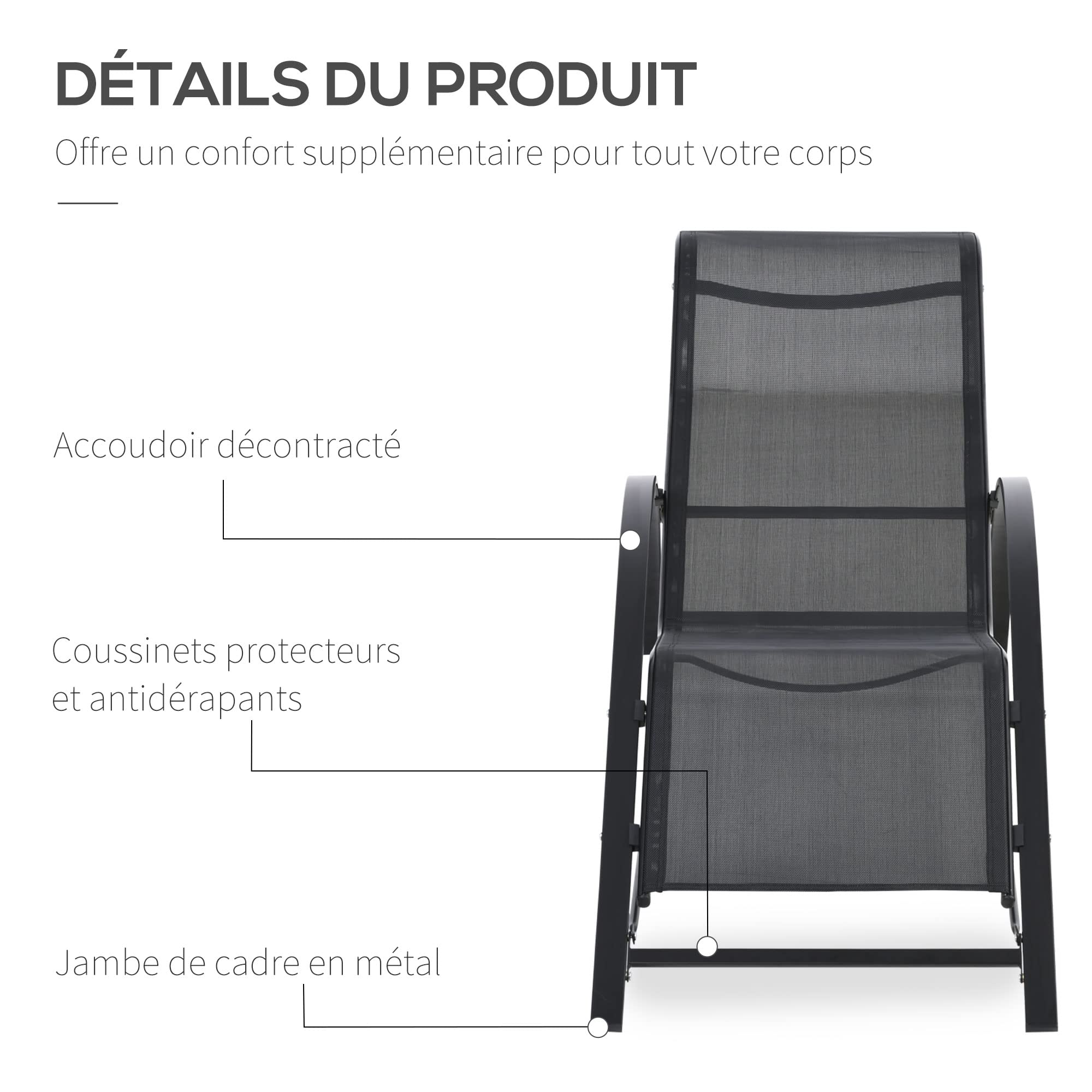Outsunny Lot de 2 Bains de Soleil Chaise Longue Design Contemporain Table Basse Plateau Verre trempé métal époxy textilène Noir