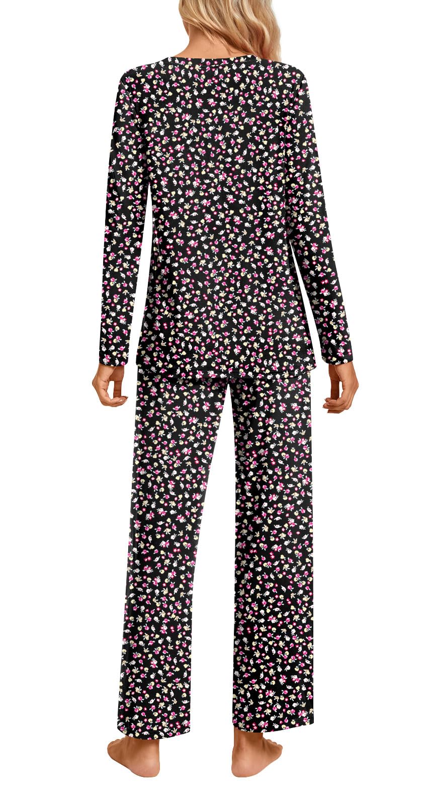 syoss Conjunto de pijama de otoño de 2 piezas para mujer, ropa de dormir de manga larga con bolsillos, Floral Black, XL