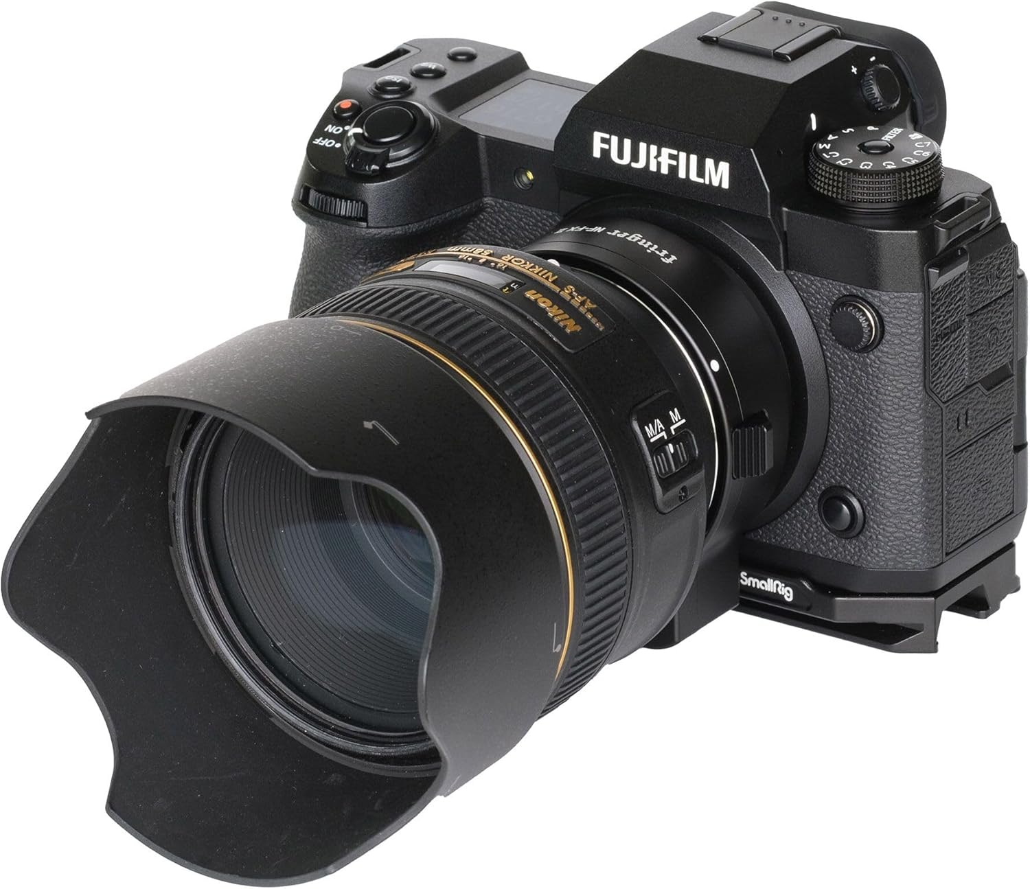 Fringer NF-FX II adapter with a Nikon F-mount lens attached to a Fujifilm camera, side view
