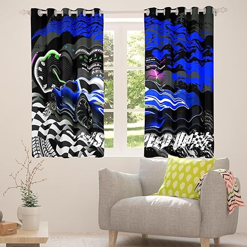 Miniatura 5 de Feelyou Cortinas opacas azules de coche de carreras, cortinas opacas para niños y niñas, cortinas de ventana de auto de carreras, tratamiento de