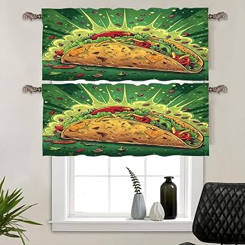 2 Pack Yummy Mexican Tacos Valances for Windows, Cartoon Food Cooking Theme Rod Pocket Valance Window Treatment for Kitchen, Farmhouse, Bedroom, 54" W X 18" L