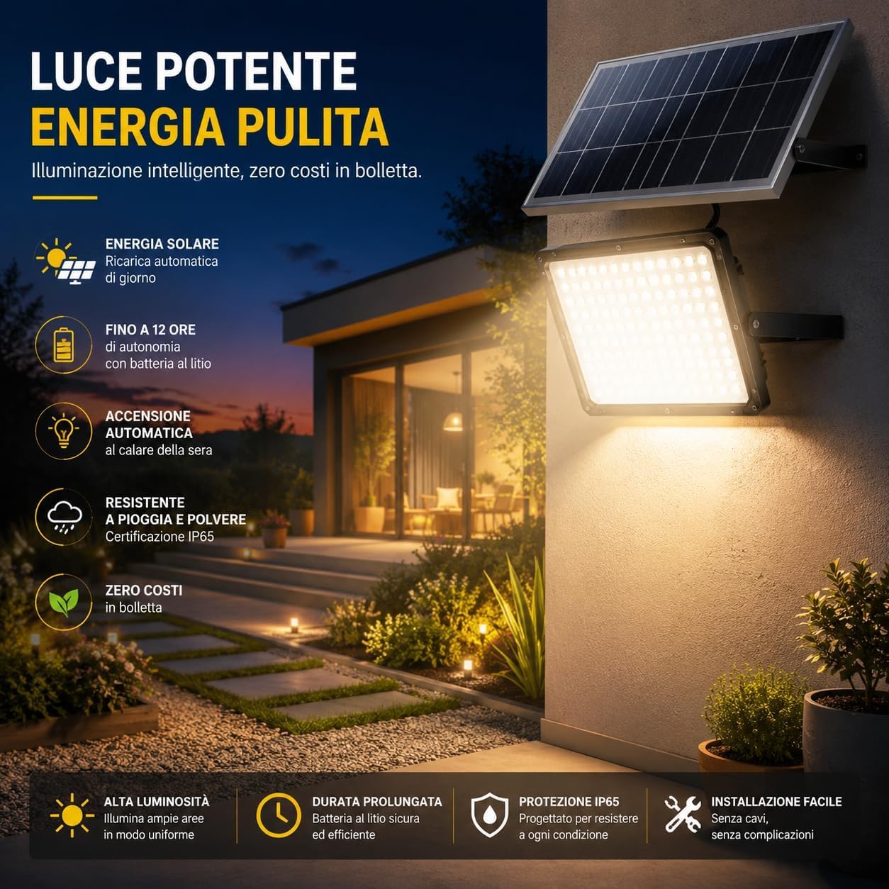 Faretto LED da Esterno Solare 2000W con Pannello Solare e Telecomando, Faro LED Esterno con Pannello Solare IP66, Luce Solare da Esterno per Giardino Cortile Sicurezza [Classe di efficienza energetica