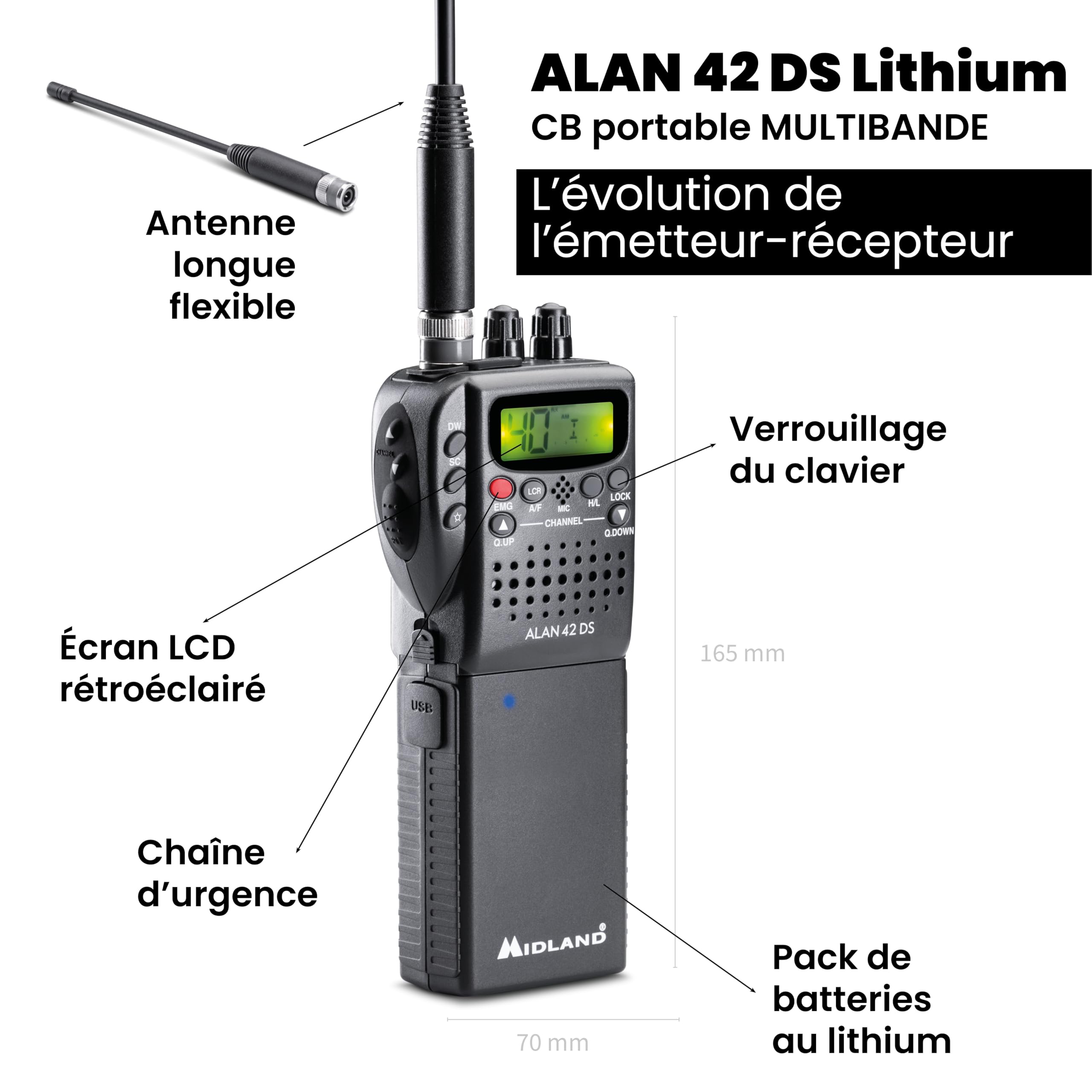 Midland - Radio CB Alan 42 DS Lithium, Radio Récepteur Émetteur Professionnel Portable AM/FM avec Batterie Li-ION 2800mAh pour Durée de Vie Doublée Multibande, Squelch Numérique et Charge USB C