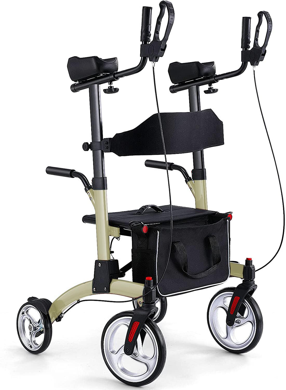 Upright Rollator Walkers for Seniors- Stand up Rolling Walker with Seats and 10" Wheels, Padded Armrest and Backrest,Tall Rolling Mobility Aid with Basket, Champagne
