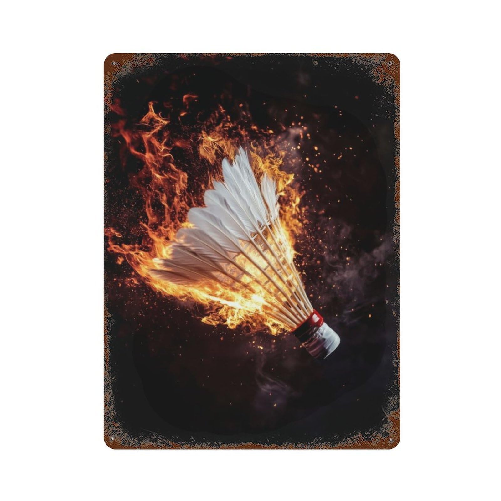 Flaming Badminton Shuttlecock Rustic Tin Plaque 15.7"x11.8", Ideal for Cafe, Home Bar And Lounge Decor