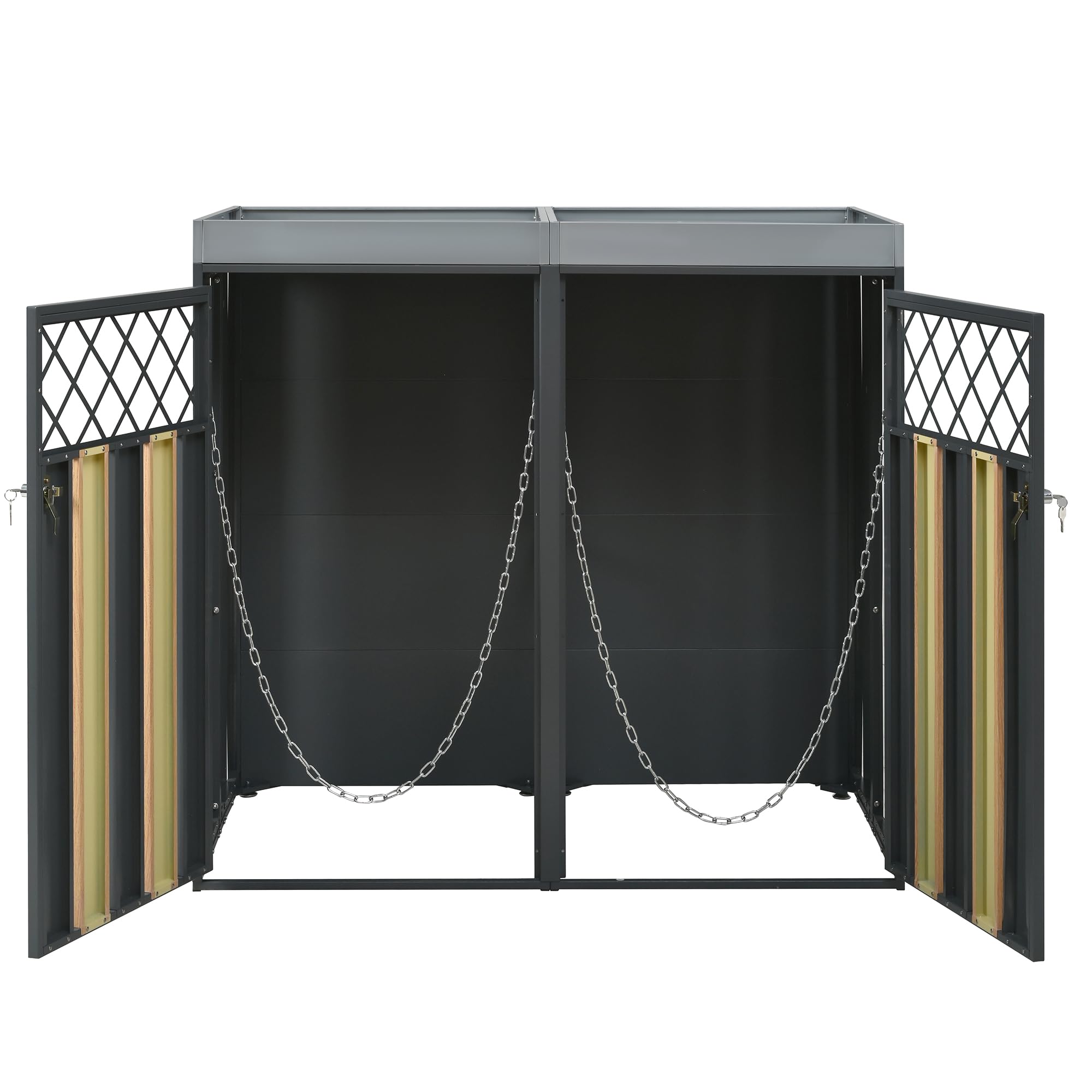 Abri pour poubelles, équipé d'ouvertures d'aération en Losange, d'un Compartiment de Rangement pour poubelles, verrouillable, à Double Porte, avec Un Espace dédié aux Plantes (1)