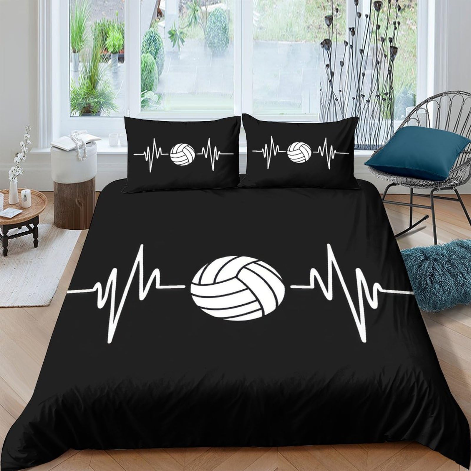 Unrxjzlvm Style-6 Black Volleyball Heartbeat Duvet Cover Teens Microfiber Bedding