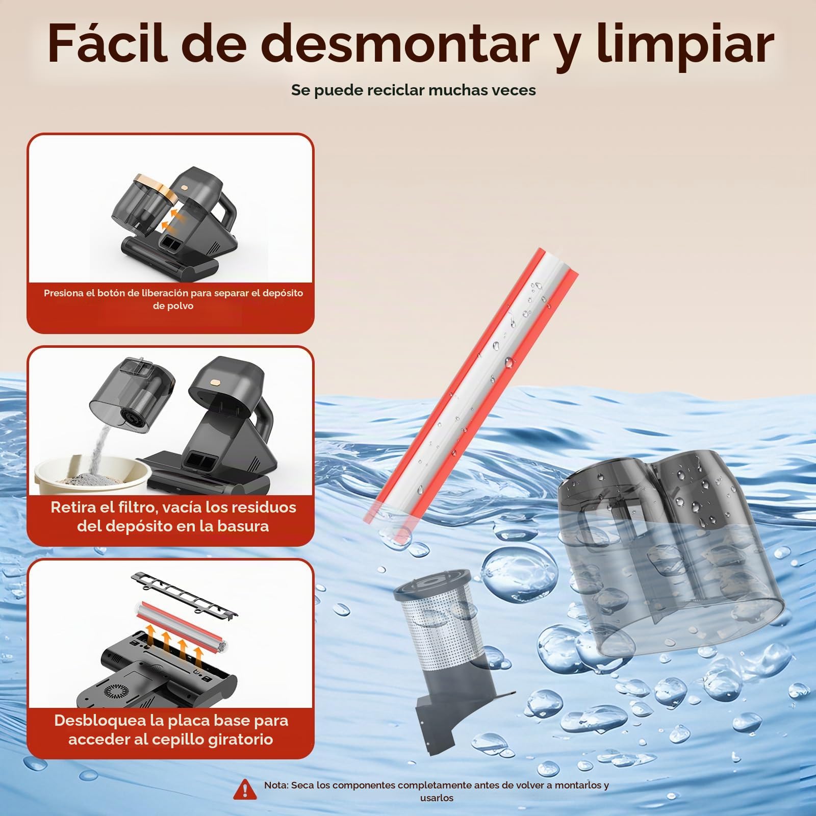 Aspiradora Antiácaros,500W16 kPa de Succión, Luz UV-C 253.7 NM, Velocidad 40,000 RPM, Filtro HEPA y Caja de Recolección de Polvo Doble, Aspirador Antiácaros para Camas y Sofás