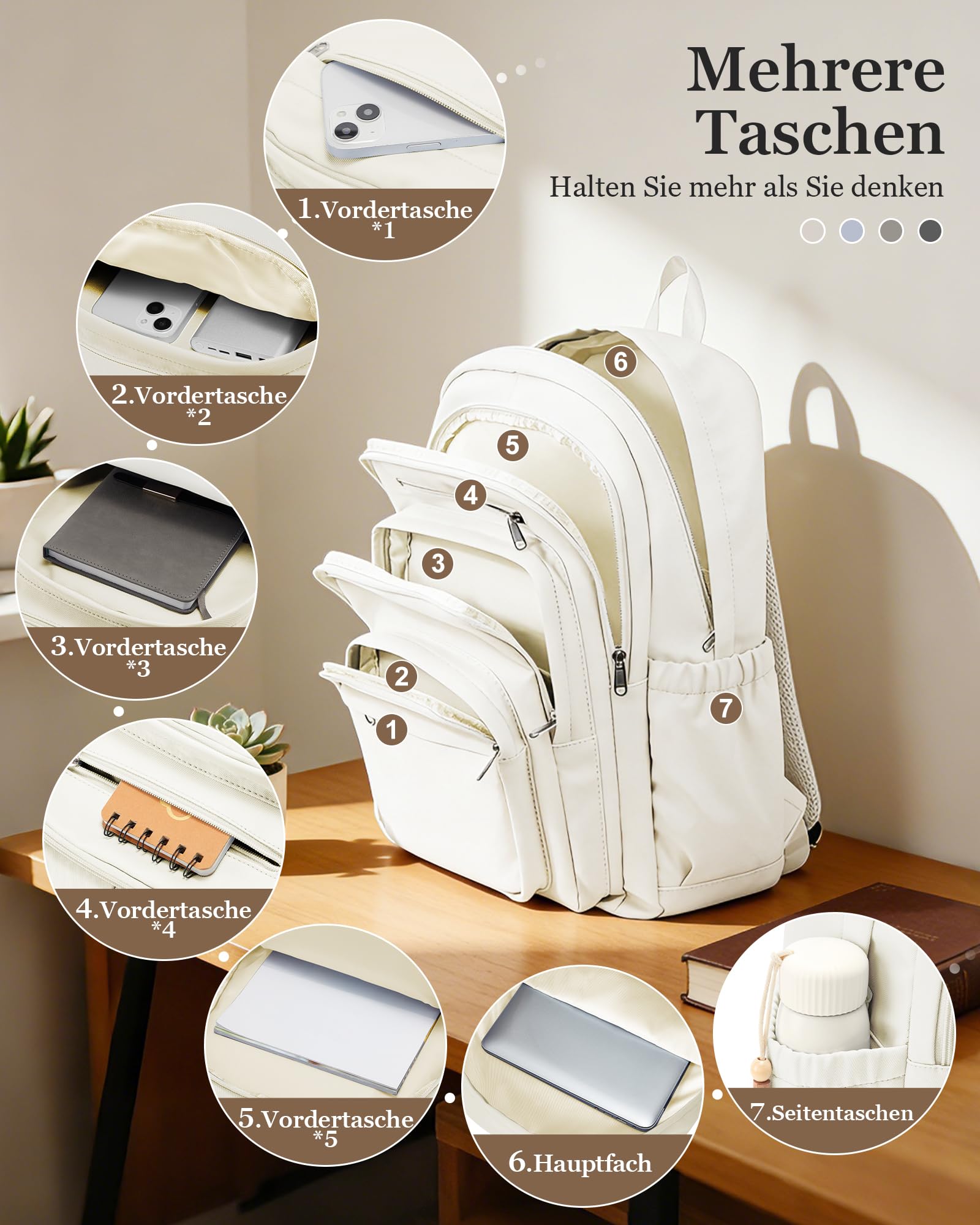 Rucksack Damen Herren, Schulrucksack Groß mit Vielen Fächern, Waterproof Rucksack Leicht für Schule, Schulrucksack Teenager Daypacks Backpack für Jungen Mädchen, Beige