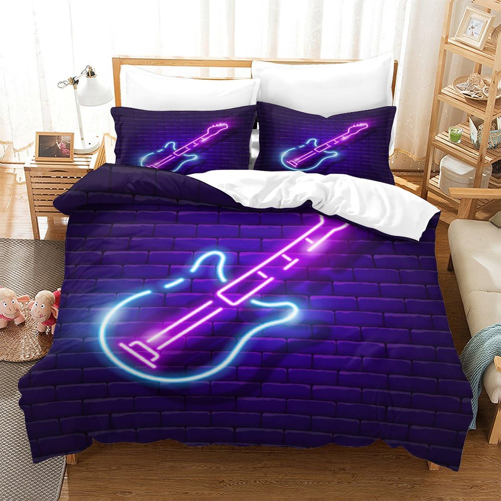 LIAOHENKAN Guitar Neon School Music Teens Soft Microfiber Bedding Set Full Size 3Pcs Comforter Set with Zipper Closure Ultra Soft Quilt Set Duvet Cover Set Breathable Room Decor Single（140x200cm）