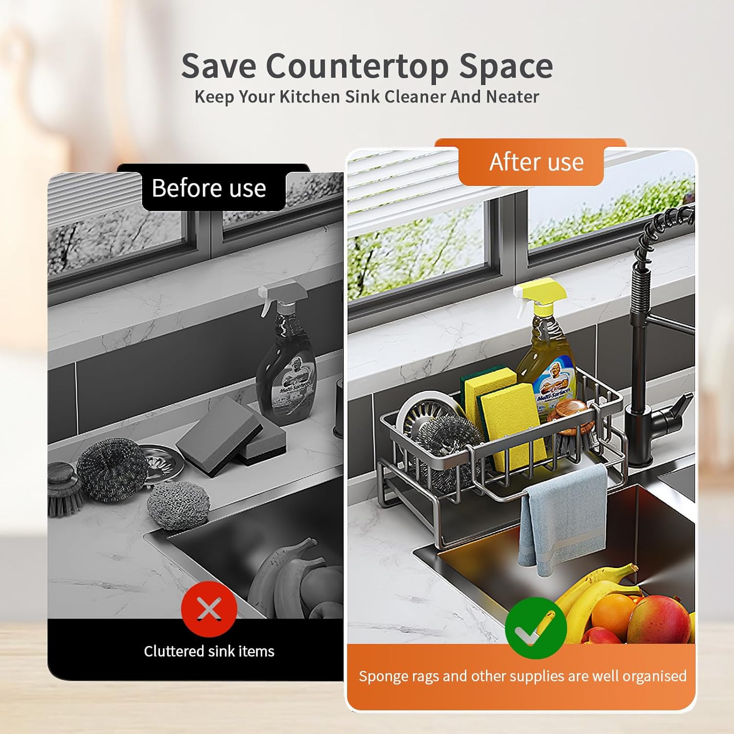 Kitchen Sink Caddy Organizer, Stainless Steel Sponge Organizer with Towel Rack for Kitchen Sink, Sponge Holder, Scrub Holder, Dish Brush Holder for Kitchen Sink (Grey)