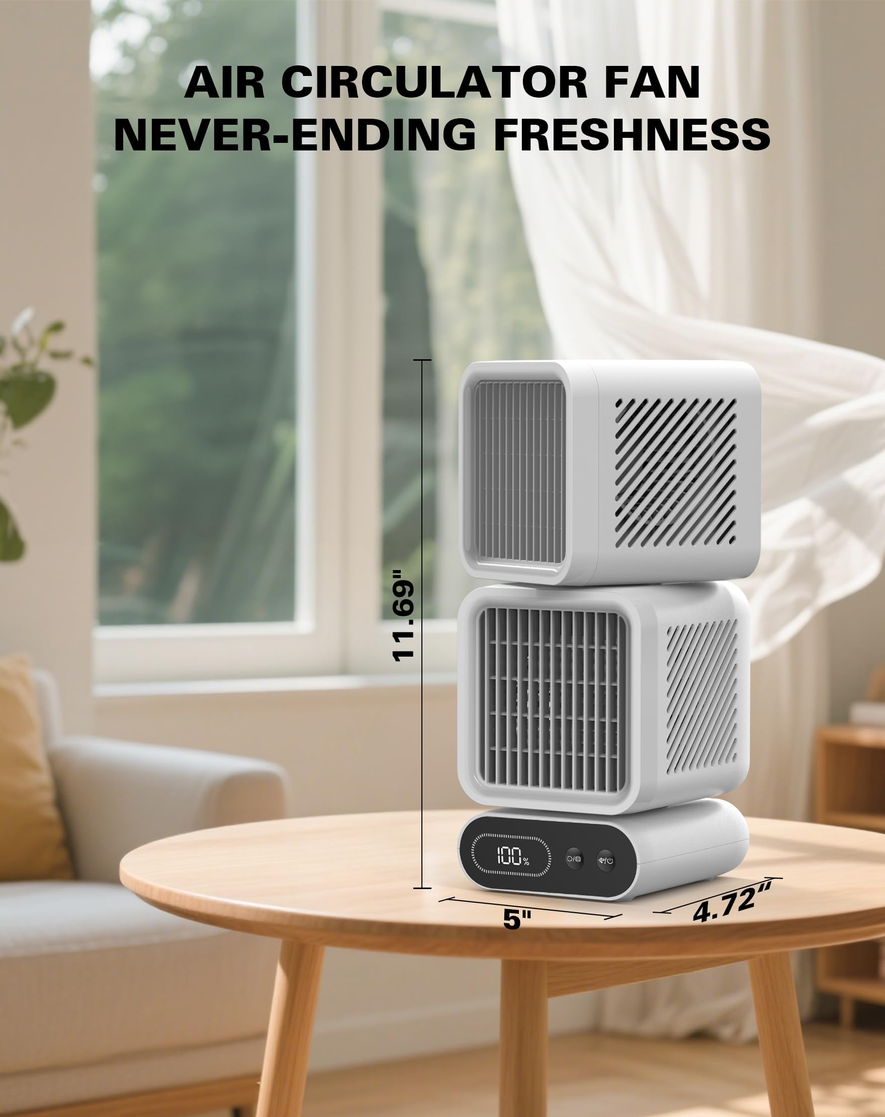 Hotsales Ventilatore da tavolo da 11 pollici per camera da letto, 6 velocità, display digitale, doppia testa 6000 mAh, ventola USB, rotazione a 360°, oscillazione automatica a 120°, ventilatore da