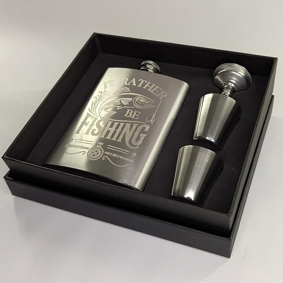 I'd Rather Be Fishing Flask Gift Set: Hip Flask with 2 Shot Glasses and Funnel (Silver, Flask Gift Set)