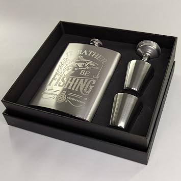 I'd Rather Be Fishing Flask Gift Set: Hip Flask with 2 Shot Glasses and Funnel (Silver, Flask Gift Set)