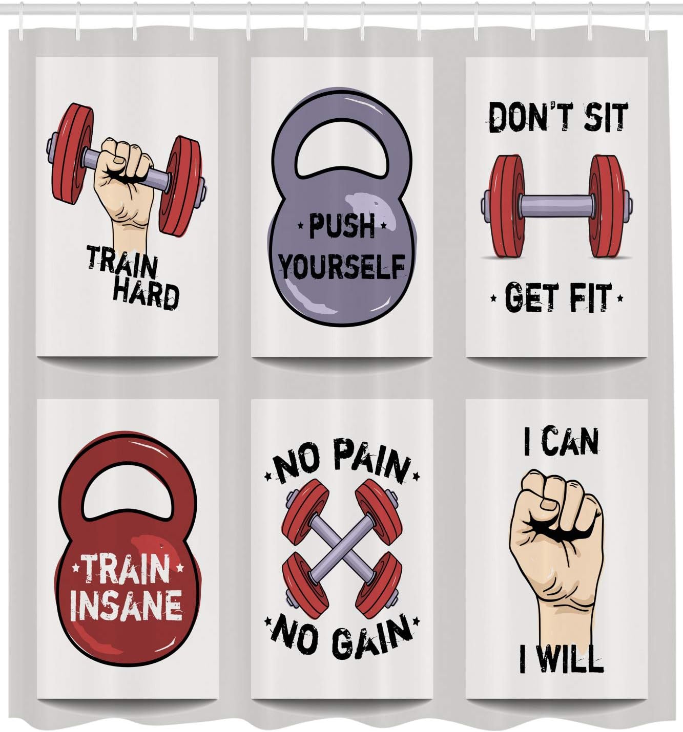 Ambesonne Fitness Shower Curtain, Modern Cartoon Style Motivation Phrases Caricature Style Push Yourself Get Fit, Cloth Fabric Bathroom Decor Set with Hooks, 69" W x 84" L, Red Grey Black