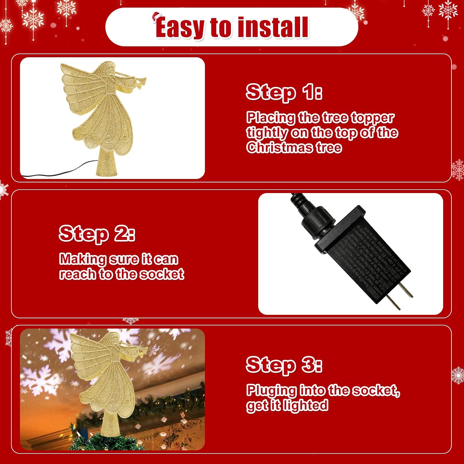 HEYHOUSE Christmas Tree Topper, Angel Christmas Tree Topper Lighted with 3D Magic Rotating LED Hollow Glitter Projector Xmas Tree Toppers for Christmas Decoration (Gold)