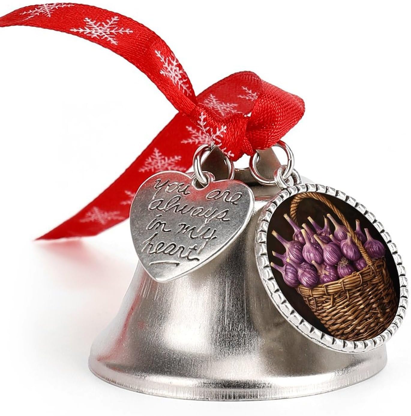 Christmas Bell,Christmas Tree Decorations with Heart Charms,Garlic in Flower Basketprinted Jingle Bell Hanging Ornament for Christmas Holiday Decoration