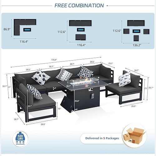 Miniatura 13 de NICESOUL 7 Piece White Powder-Coated Aluminum Patio Furniture with Fire Pit Table, 29 Inch Extra Wide Outdoor Sectional Sofa for 6, High-End Heavy
