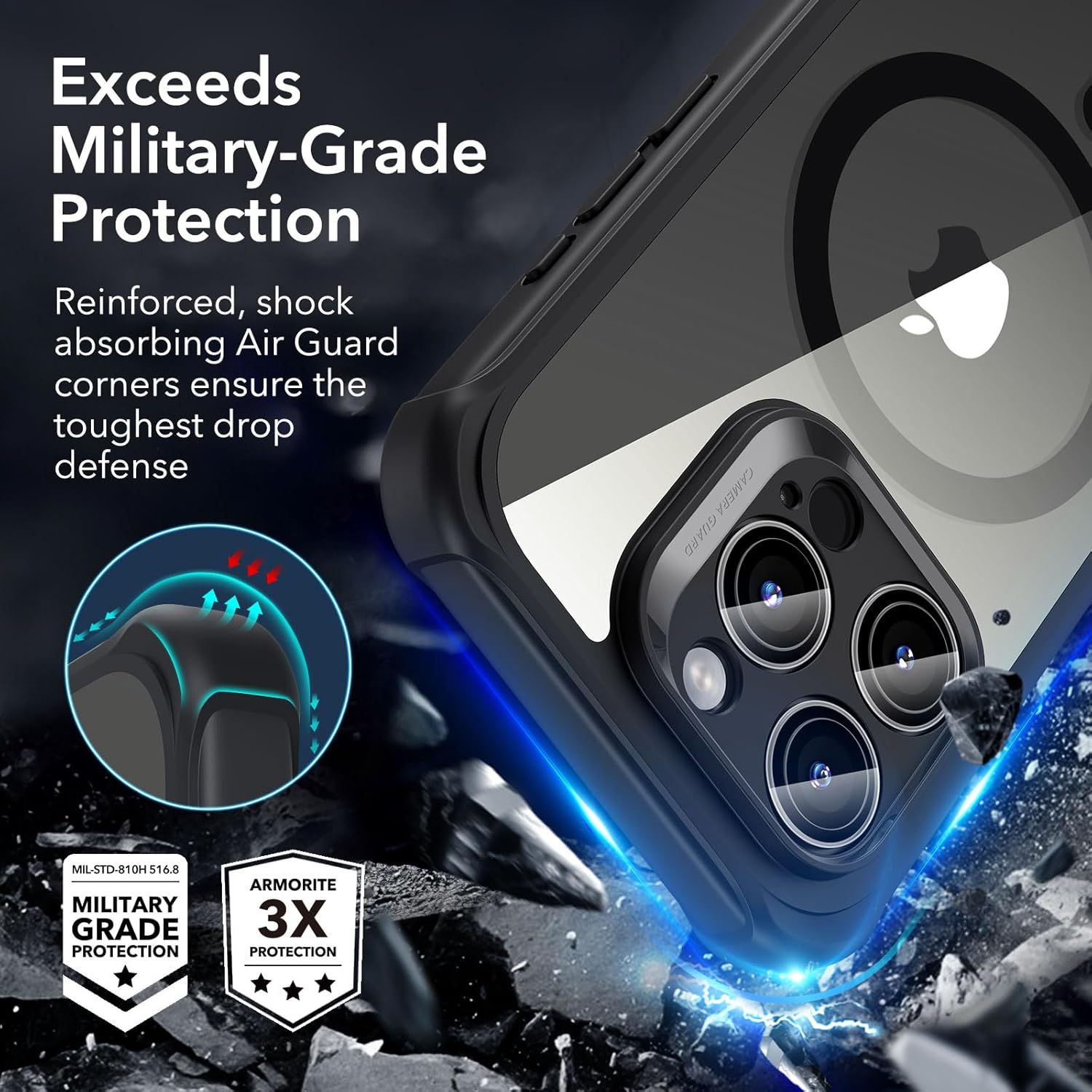 ESR for iPhone 15 Pro Case, Compatible with MagSafe, Full-Body Military-Grade Drop Proof Case for iPhone 15 Pro with Built-in 9H+ Tempered Glass Screen Protector, Clear Black - Image 4
