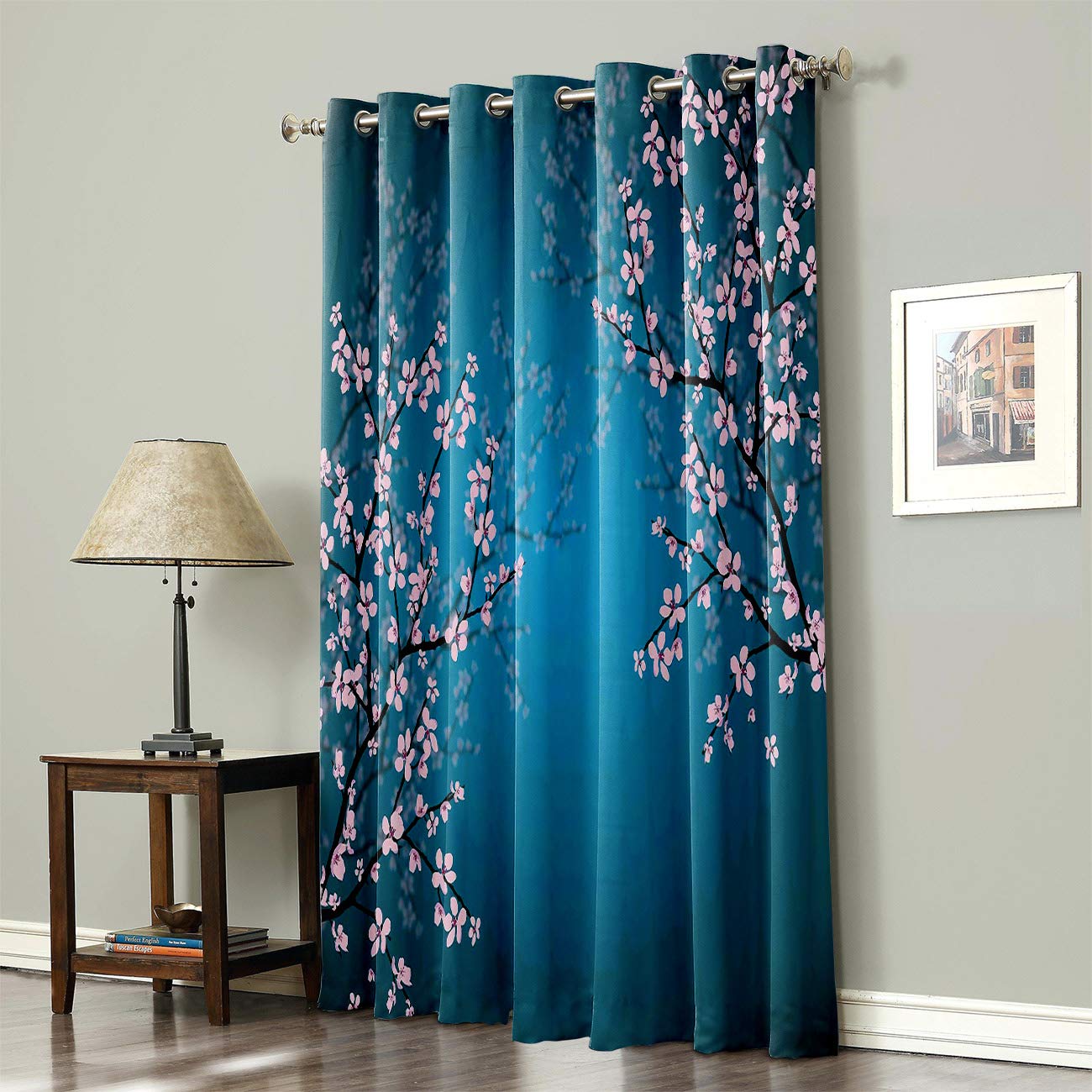 Tende Oscuranti Shrahala 2 Pannelli 132x160 Cm - Blu Con Motivi Vintage Termici - Con Occhielli Per Soggiorno E Camera Da Letto - 2