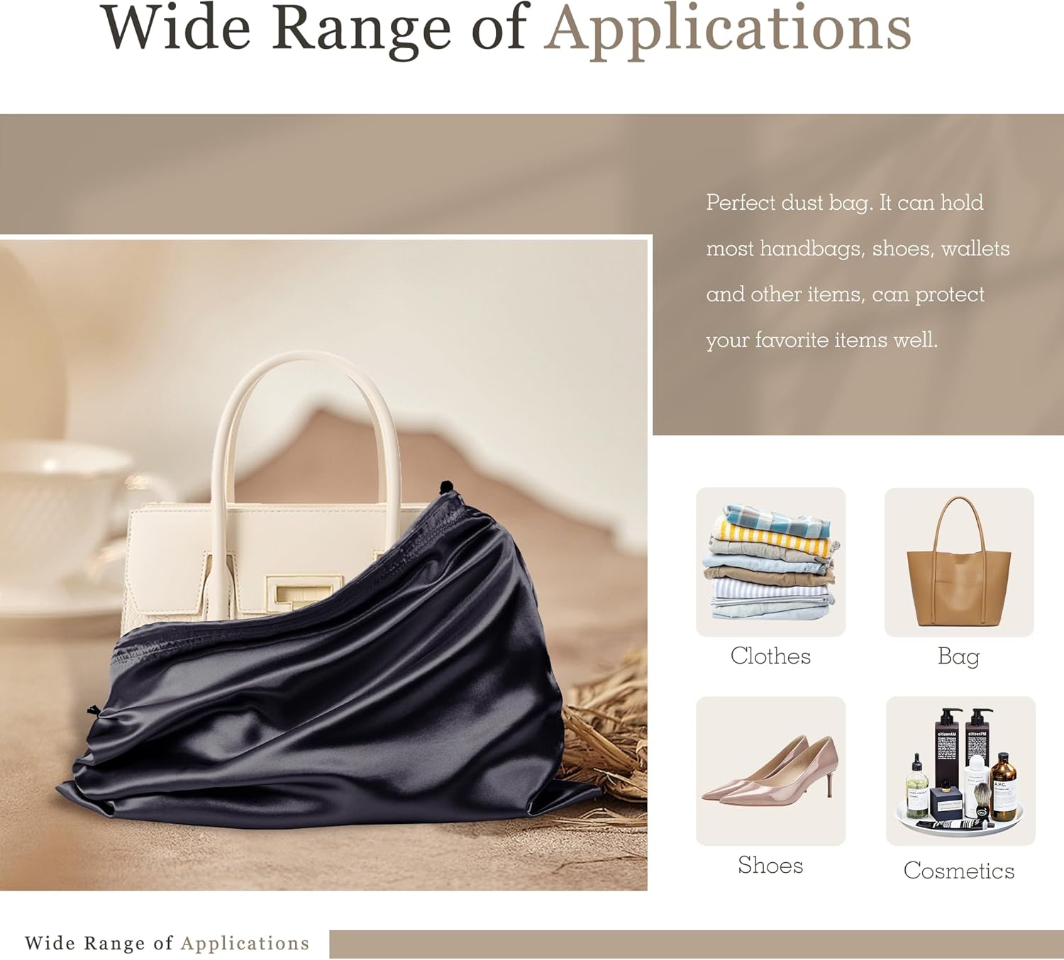 Vonty 3 Pack Silky Dust Bags for Shoes and Purses, Satin Drawstring Bag for HandBags Boots - Black Shoe Bag Silk Dust Cover Bag Protector Travel Storage Pouch(19.6 x 15.7 In) - Image 6