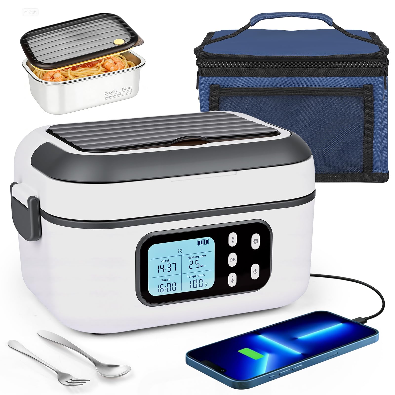 Dreamhigh 1.5L Scaldavivande Elettrico Portatile,Scaldavivande Portatile Con Batteria Ricaricabile 24000 mAh,Riscaldamento Temporizzato e Design Antiperdita per Auto e Lavoro (bianco)