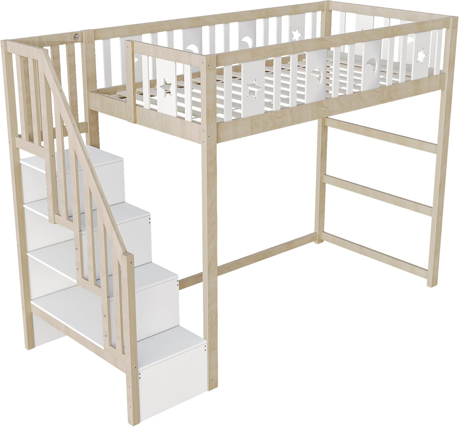 Close-up of the Merax Loft Bed stairs with integrated storage shelves
