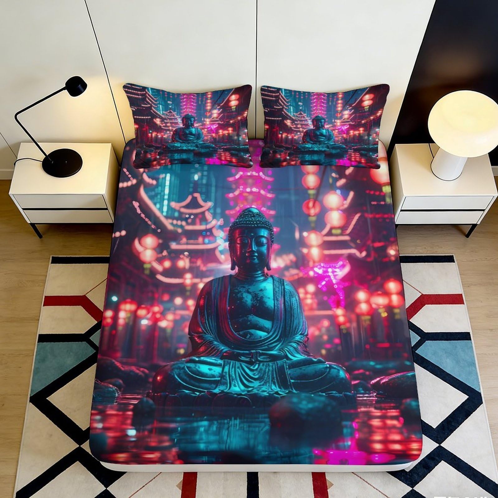 3D Printed Neon Buddha Fitted Sheet Microfiber Anti-Slip Oriental Pagoda Bed Cover for Bedroom Dorm Decor 90x200x25cm