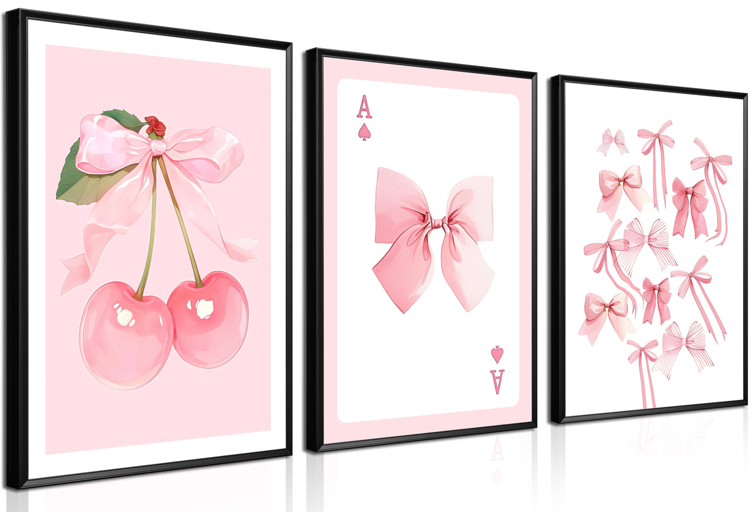 LMYSXAOZ Trendy Pink Bows Posters Wall Art Set of 3, Vintage Preppy Cherry Picture Prints, Girly Room Aesthetic Canvas Decor Painting for College Apartment Living Bedroom 16x24 In Unframed